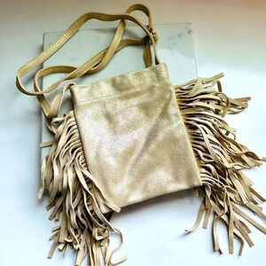 Monserat De Lucca Lola Shimmer Gold Suede Fringed Crossbody Bag